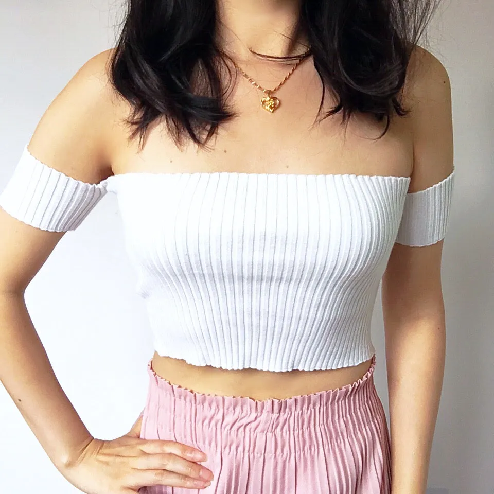 KNIT RIB OFF SHOULDER CROP TOP