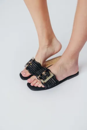 Leslie Raffia Slide with Tortoise Buckle in Black