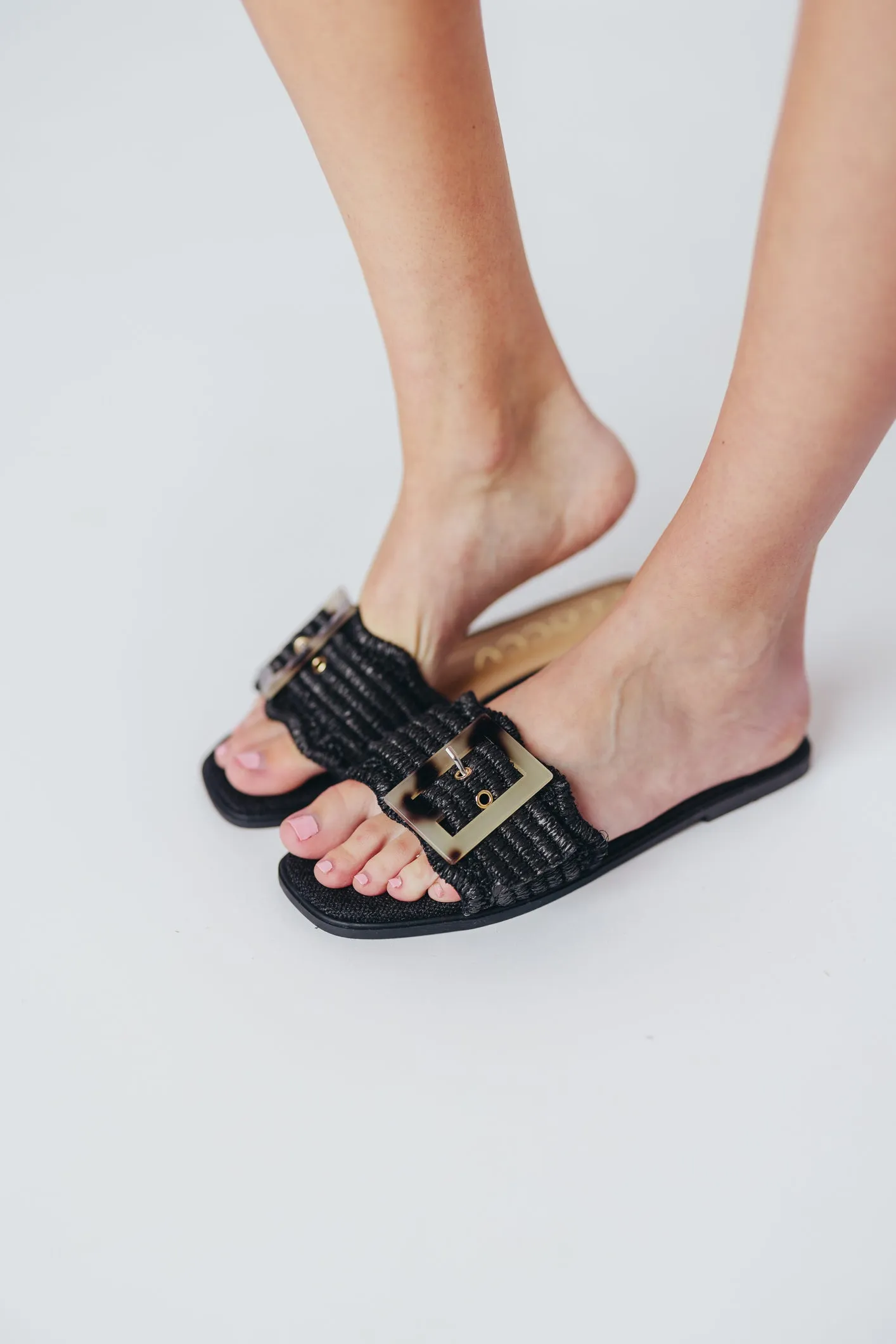 Leslie Raffia Slide with Tortoise Buckle in Black