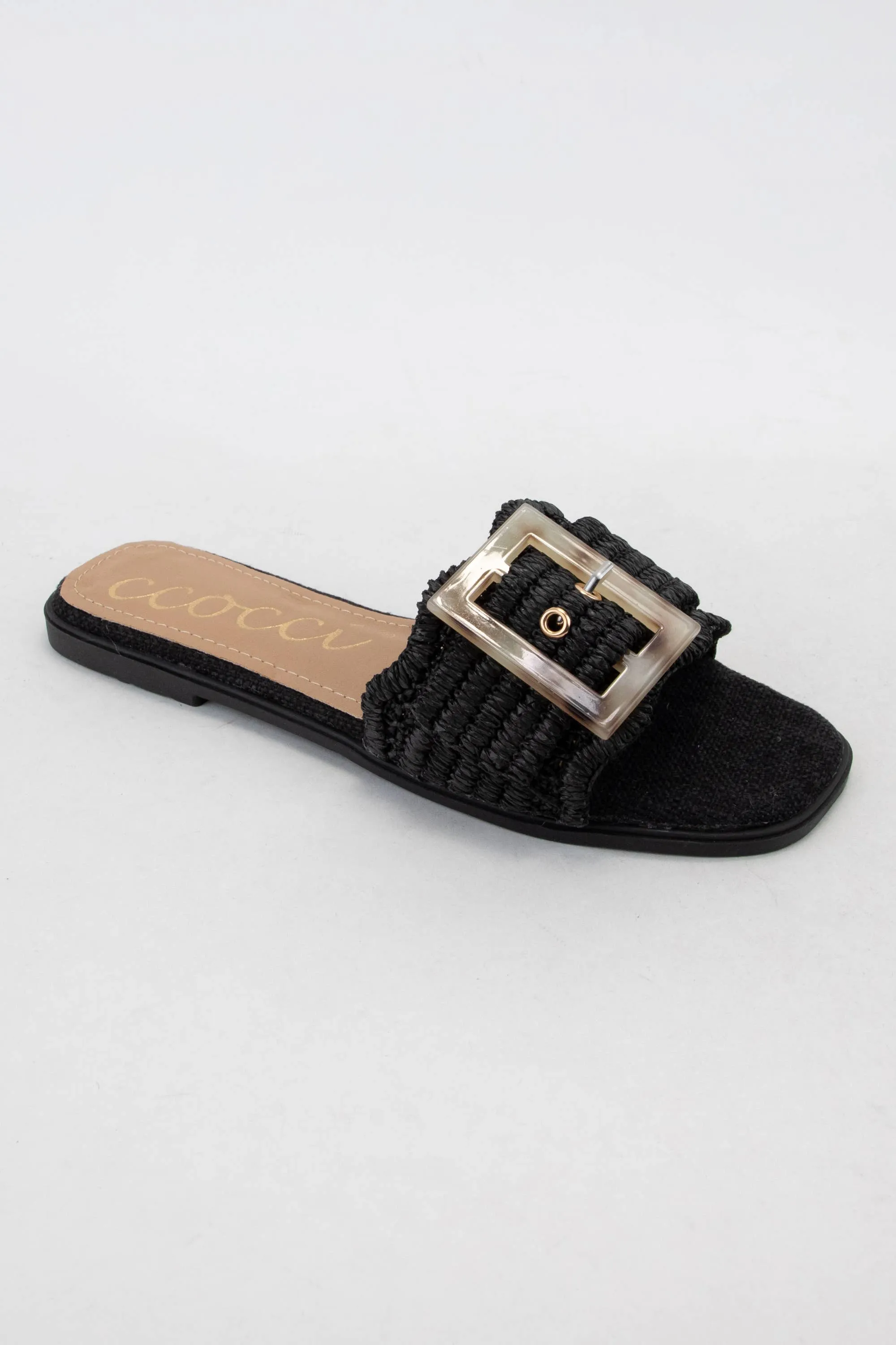 Leslie Raffia Slide with Tortoise Buckle in Black
