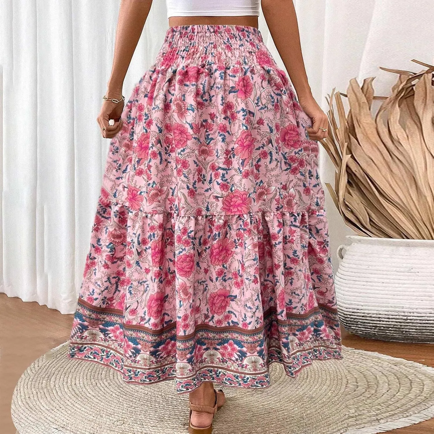Maxi Skirts for Women Trendy Summer Tiered Elastic High Waisted Floral Skirt Vacation A Line Flowy Long Skirts