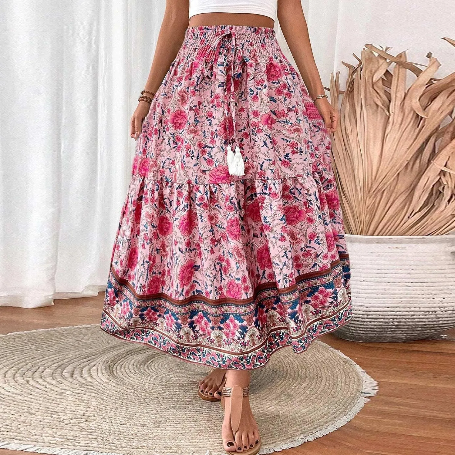 Maxi Skirts for Women Trendy Summer Tiered Elastic High Waisted Floral Skirt Vacation A Line Flowy Long Skirts