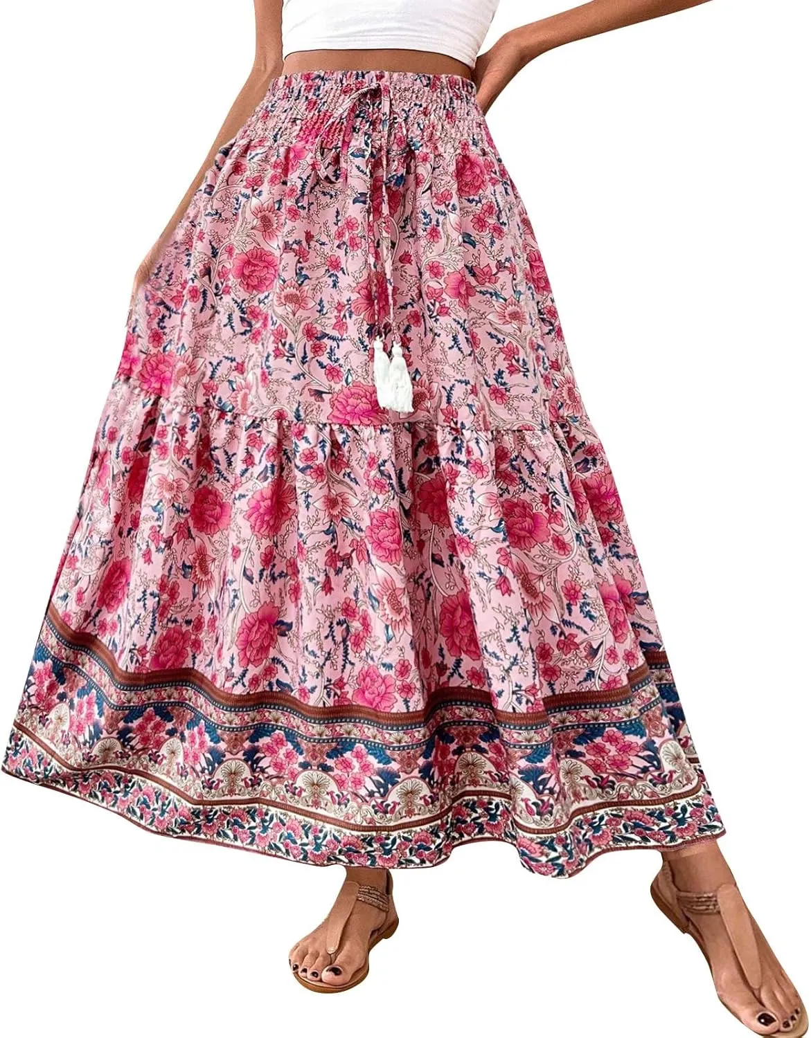 Maxi Skirts for Women Trendy Summer Tiered Elastic High Waisted Floral Skirt Vacation A Line Flowy Long Skirts