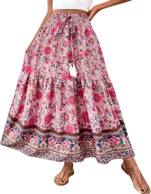 Maxi Skirts for Women Trendy Summer Tiered Elastic High Waisted Floral Skirt Vacation A Line Flowy Long Skirts