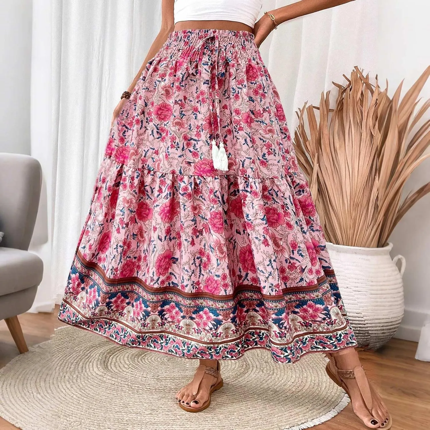 Maxi Skirts for Women Trendy Summer Tiered Elastic High Waisted Floral Skirt Vacation A Line Flowy Long Skirts