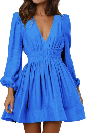 Mini Dresses for Women Summer Sexy V Neck Dress Long Sleeve A-line Dress Casual Elastic High Waisted Flowy Sunndress