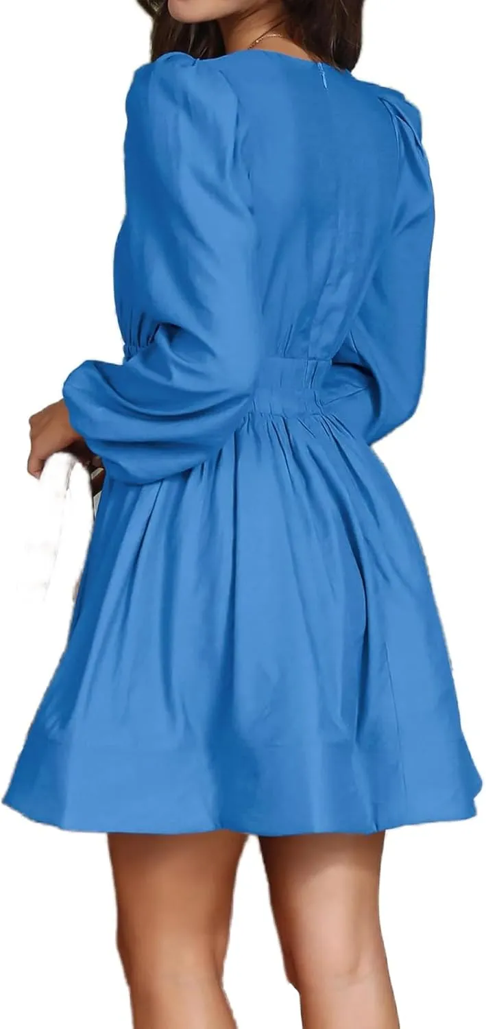 Mini Dresses for Women Summer Sexy V Neck Dress Long Sleeve A-line Dress Casual Elastic High Waisted Flowy Sunndress