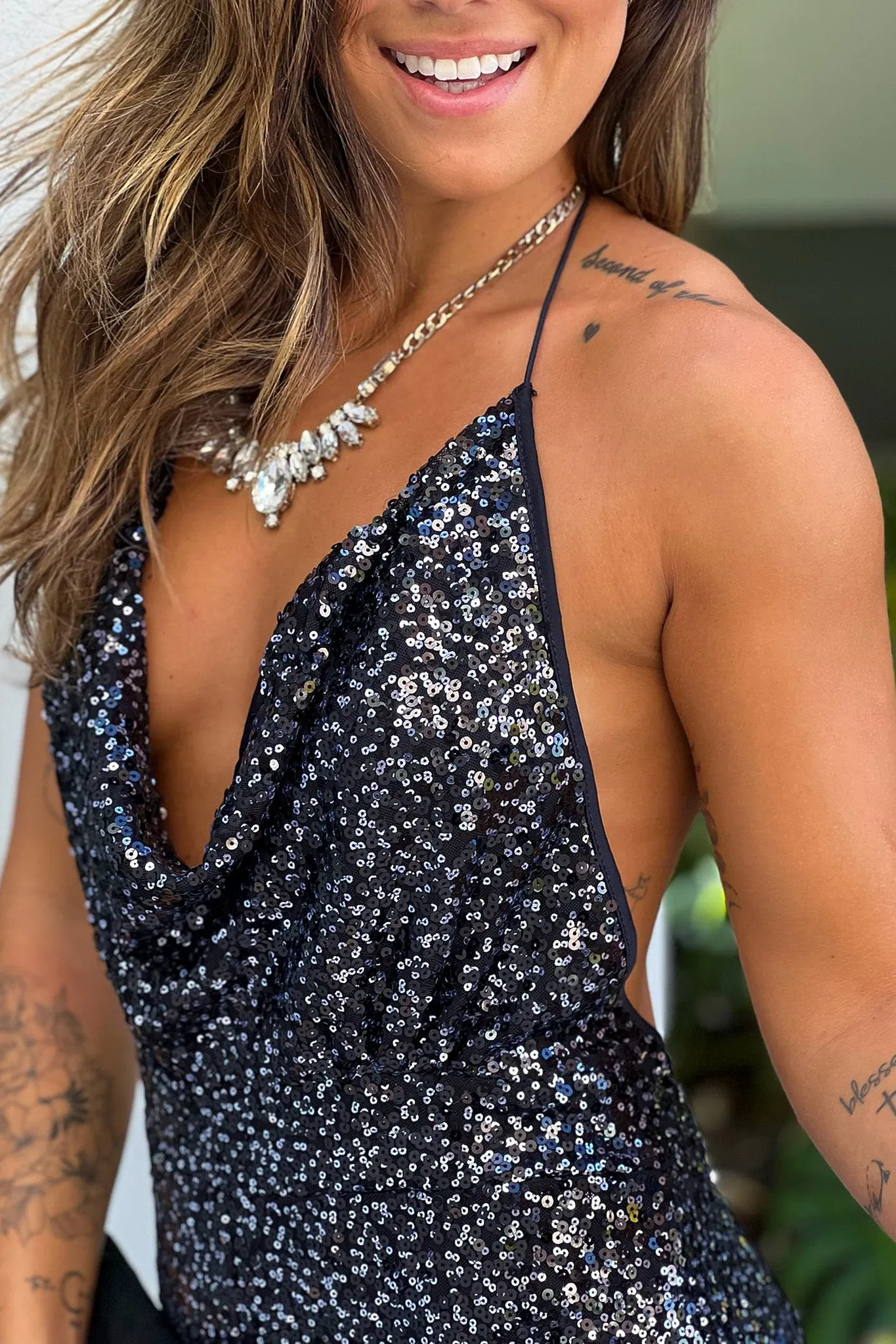 Navy Sequin Halter Neck Jumpsuit