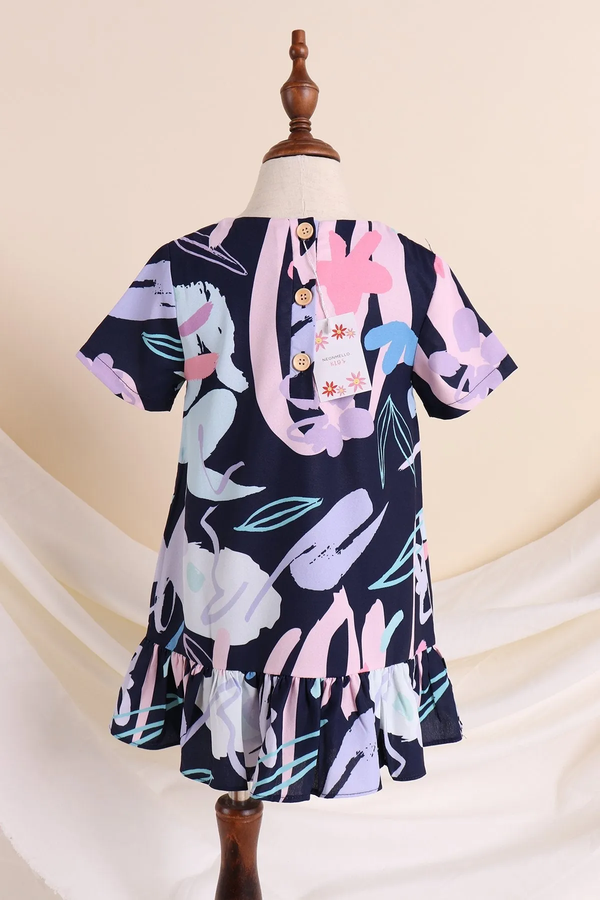 NM KIDS FLORAL DODDLE SLEEVED MIDI DRESS IN NAVY BLUE [12M/18M/2Y/3Y/4Y/5Y/6Y/7Y]