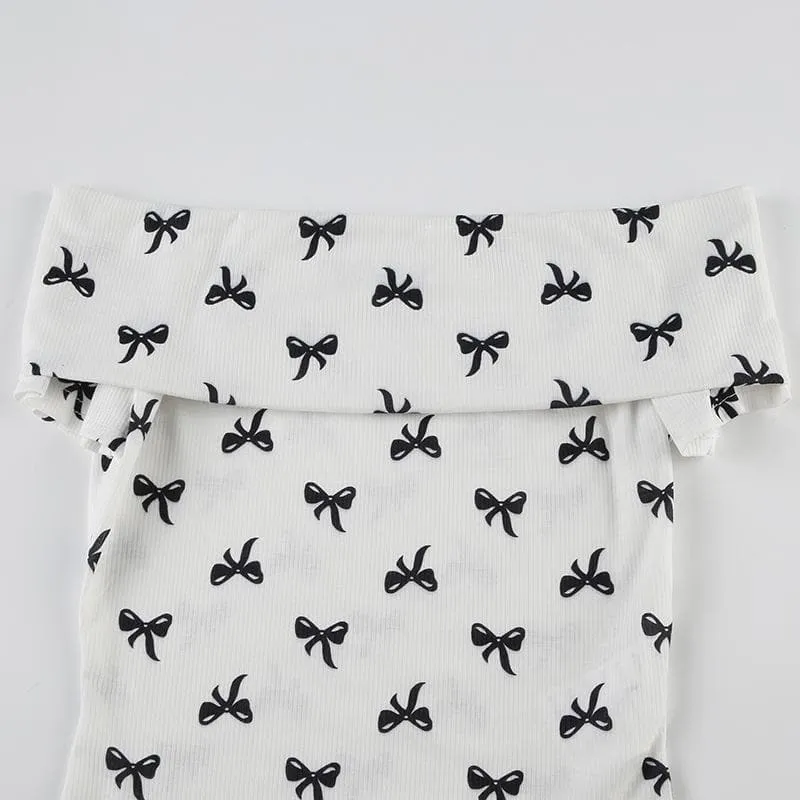 Off shoulder bowknot ribbed print top