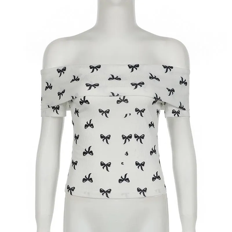 Off shoulder bowknot ribbed print top