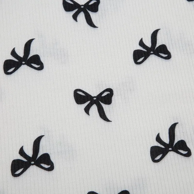 Off shoulder bowknot ribbed print top
