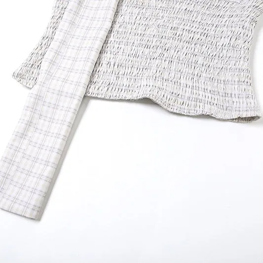 One-Shoulder Plaid Smocked Set with Bow