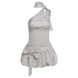 One-Shoulder Plaid Smocked Set with Bow