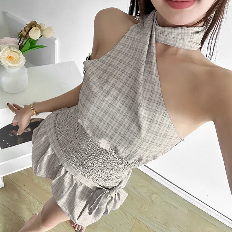 One-Shoulder Plaid Smocked Set with Bow