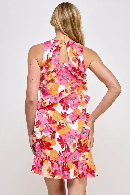 Pink Multi Floral Print Ruffle Shift Dress