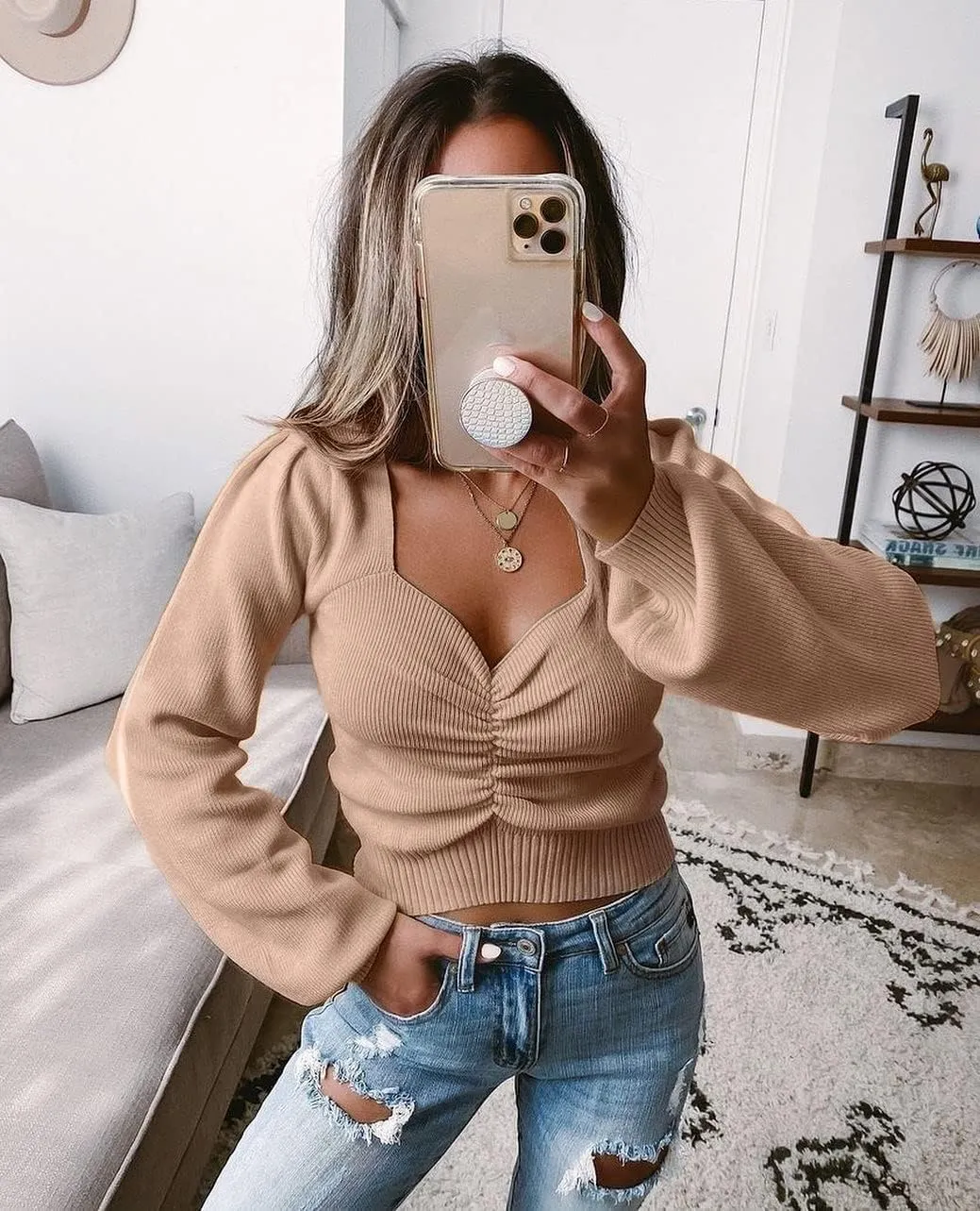 PRETTYGARDEN Fall Long Sleeve Cropped Sweaters for Women 2024 Off The Shoulder V Neck Ruched Ribbed Knit Going Out Tops