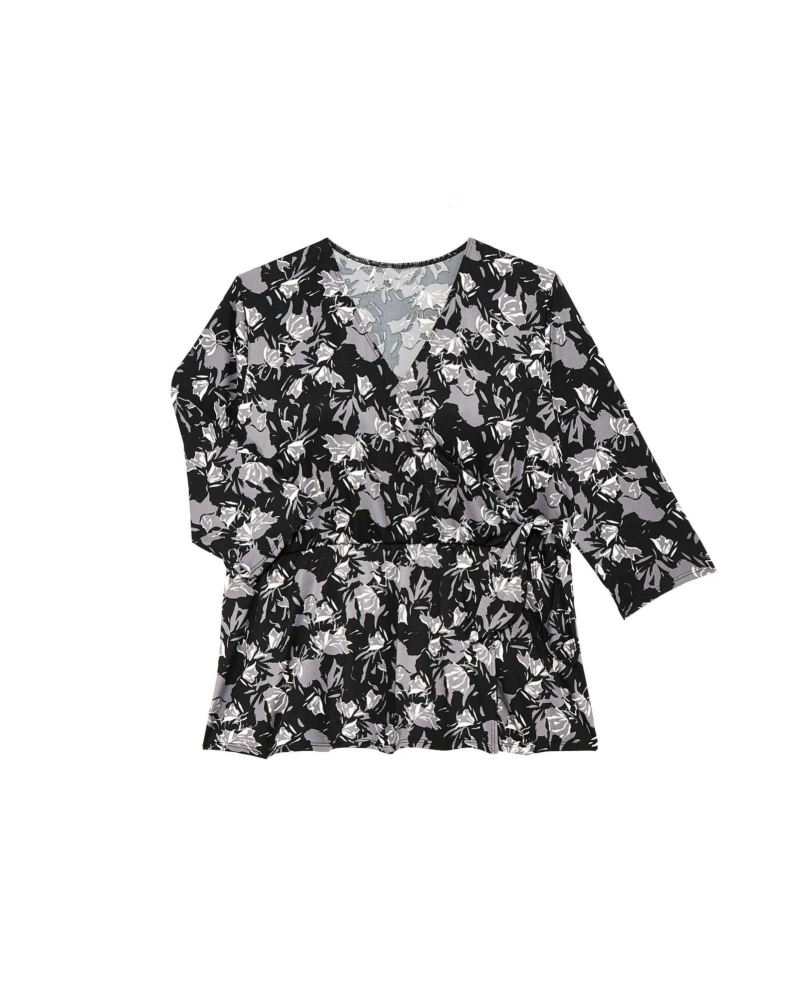 Randi Short Sleeve Faux Wrap Knit Peplum Top | Black / Charcoal Grey