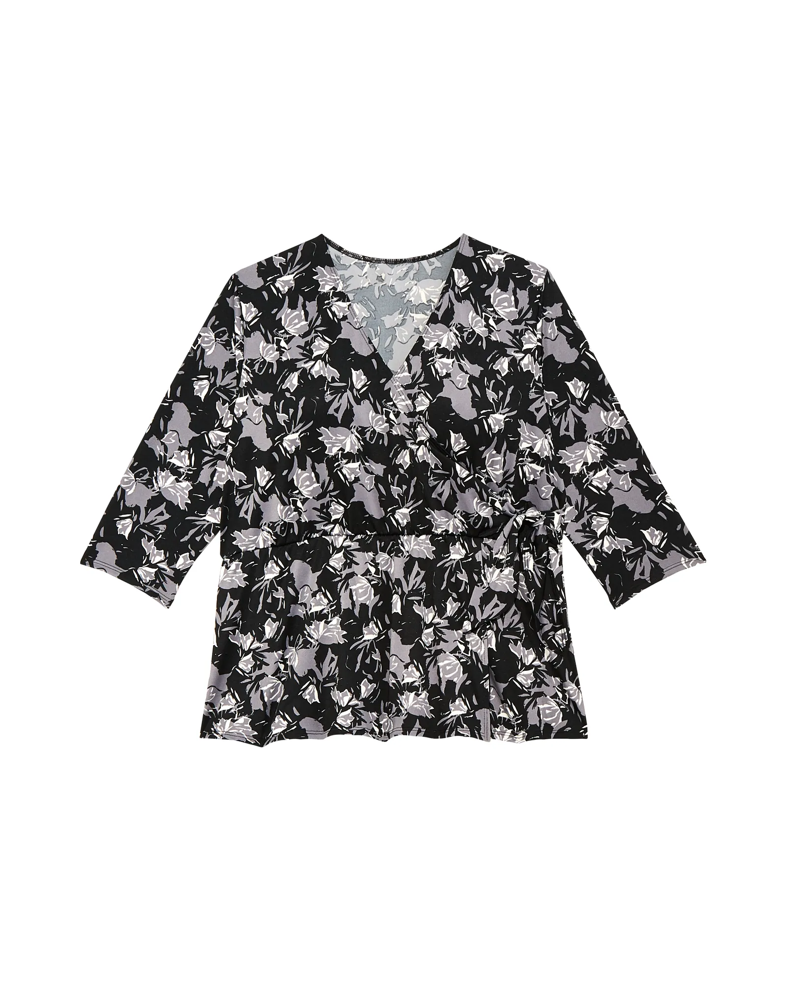 Randi Short Sleeve Faux Wrap Knit Peplum Top | Black / Charcoal Grey