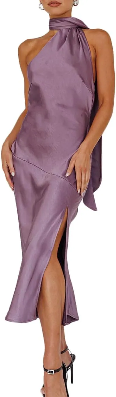 Sexy Satin Backless Halter Wedding Guest Dresses for Women Sleeveless Elegant Cowl Back Slit Midi Cocktail Dress Evening Gown
