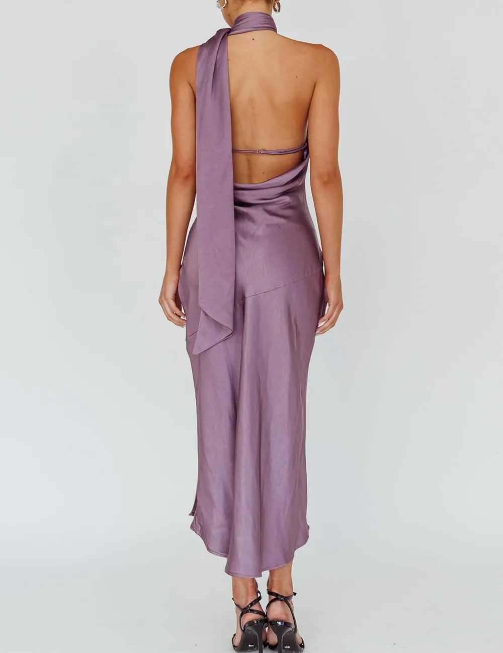 Sexy Satin Backless Halter Wedding Guest Dresses for Women Sleeveless Elegant Cowl Back Slit Midi Cocktail Dress Evening Gown