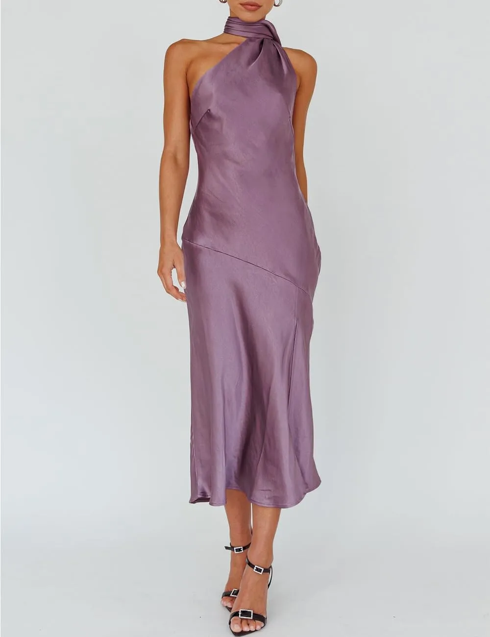 Sexy Satin Backless Halter Wedding Guest Dresses for Women Sleeveless Elegant Cowl Back Slit Midi Cocktail Dress Evening Gown