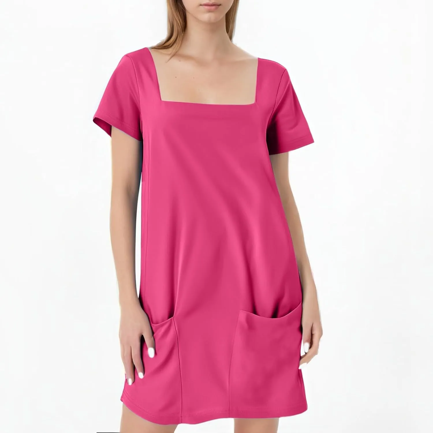 Short Lounge Dresses for Women Summer Solid Square Neck Short Sleeve Mini Beach Dress Plus Size Spring Break Clothes
