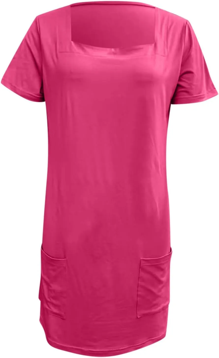 Short Lounge Dresses for Women Summer Solid Square Neck Short Sleeve Mini Beach Dress Plus Size Spring Break Clothes
