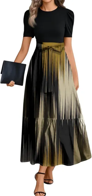 Spring Long Dresses for Women 2025 Wedding Guest Dress Plus Size Short Sleeve Crewneck Aline Dresses Elegant Dress