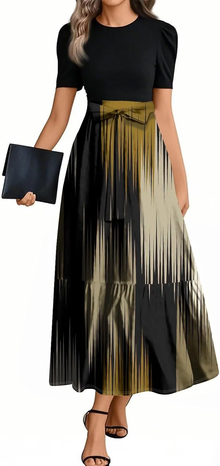 Spring Long Dresses for Women 2025 Wedding Guest Dress Plus Size Short Sleeve Crewneck Aline Dresses Elegant Dress
