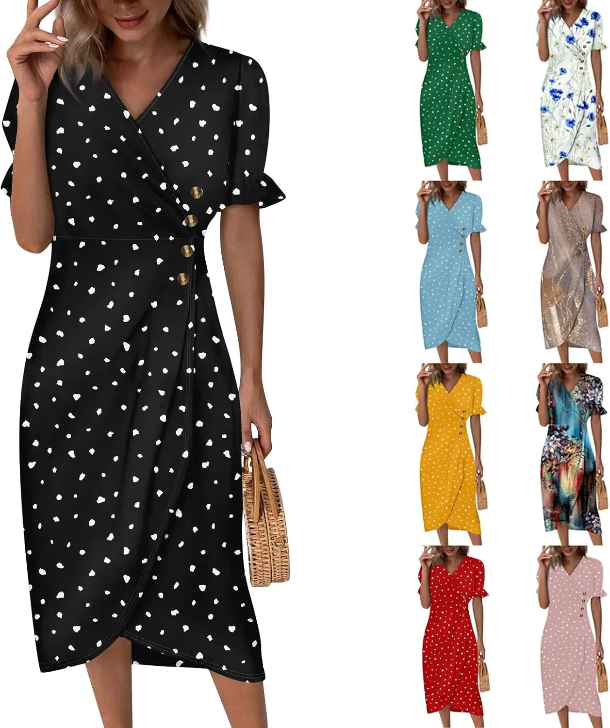 Summer Dresses for Women 2024 V Neck Puff Sleeves Elegant Wrap Midi Dress Boho Flowy Ruched Irregular Hem Beach Dress