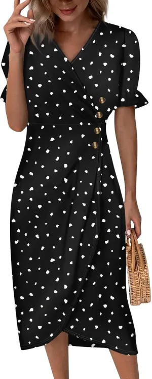 Summer Dresses for Women 2024 V Neck Puff Sleeves Elegant Wrap Midi Dress Boho Flowy Ruched Irregular Hem Beach Dress