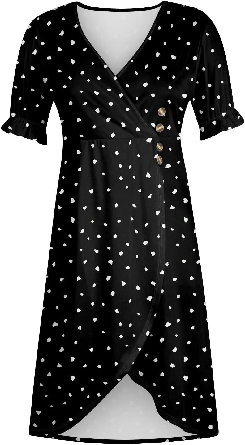 Summer Dresses for Women 2024 V Neck Puff Sleeves Elegant Wrap Midi Dress Boho Flowy Ruched Irregular Hem Beach Dress