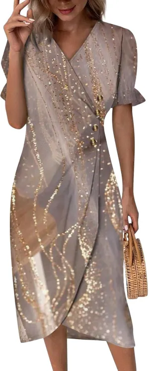 Summer Dresses for Women 2024 V Neck Puff Sleeves Elegant Wrap Midi Dress Boho Flowy Ruched Irregular Hem Beach Dress
