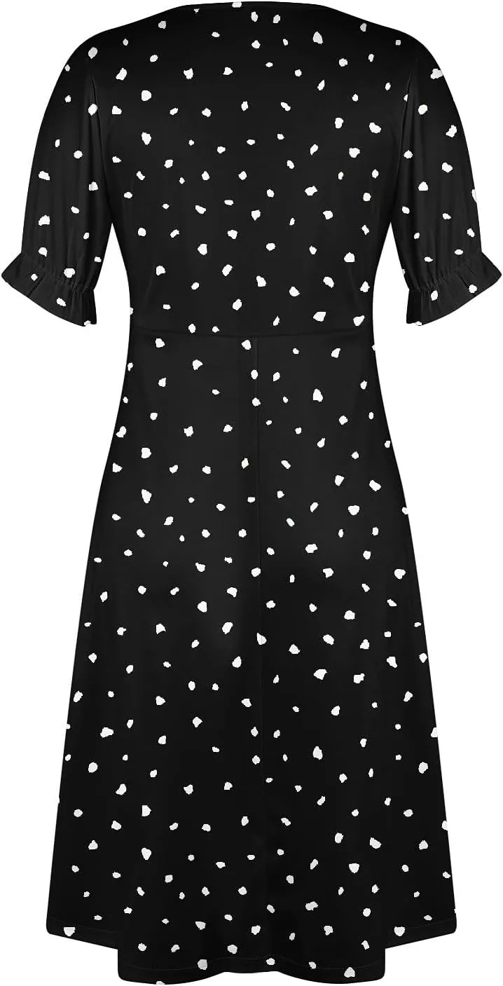 Summer Dresses for Women 2024 V Neck Puff Sleeves Elegant Wrap Midi Dress Boho Flowy Ruched Irregular Hem Beach Dress