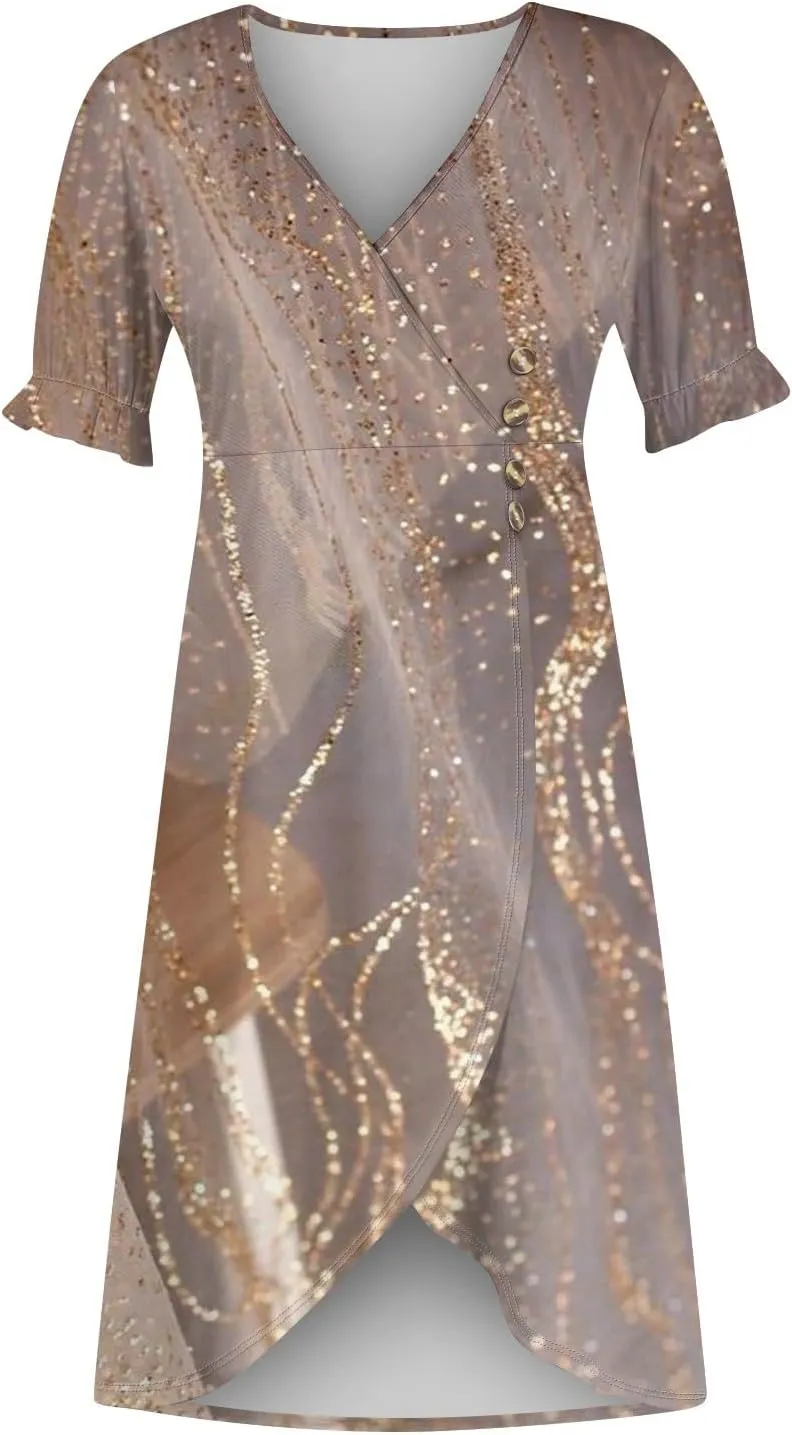 Summer Dresses for Women 2024 V Neck Puff Sleeves Elegant Wrap Midi Dress Boho Flowy Ruched Irregular Hem Beach Dress