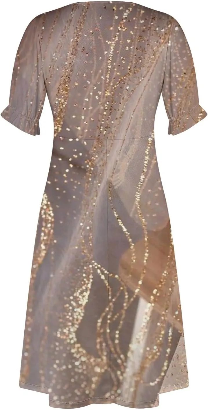 Summer Dresses for Women 2024 V Neck Puff Sleeves Elegant Wrap Midi Dress Boho Flowy Ruched Irregular Hem Beach Dress