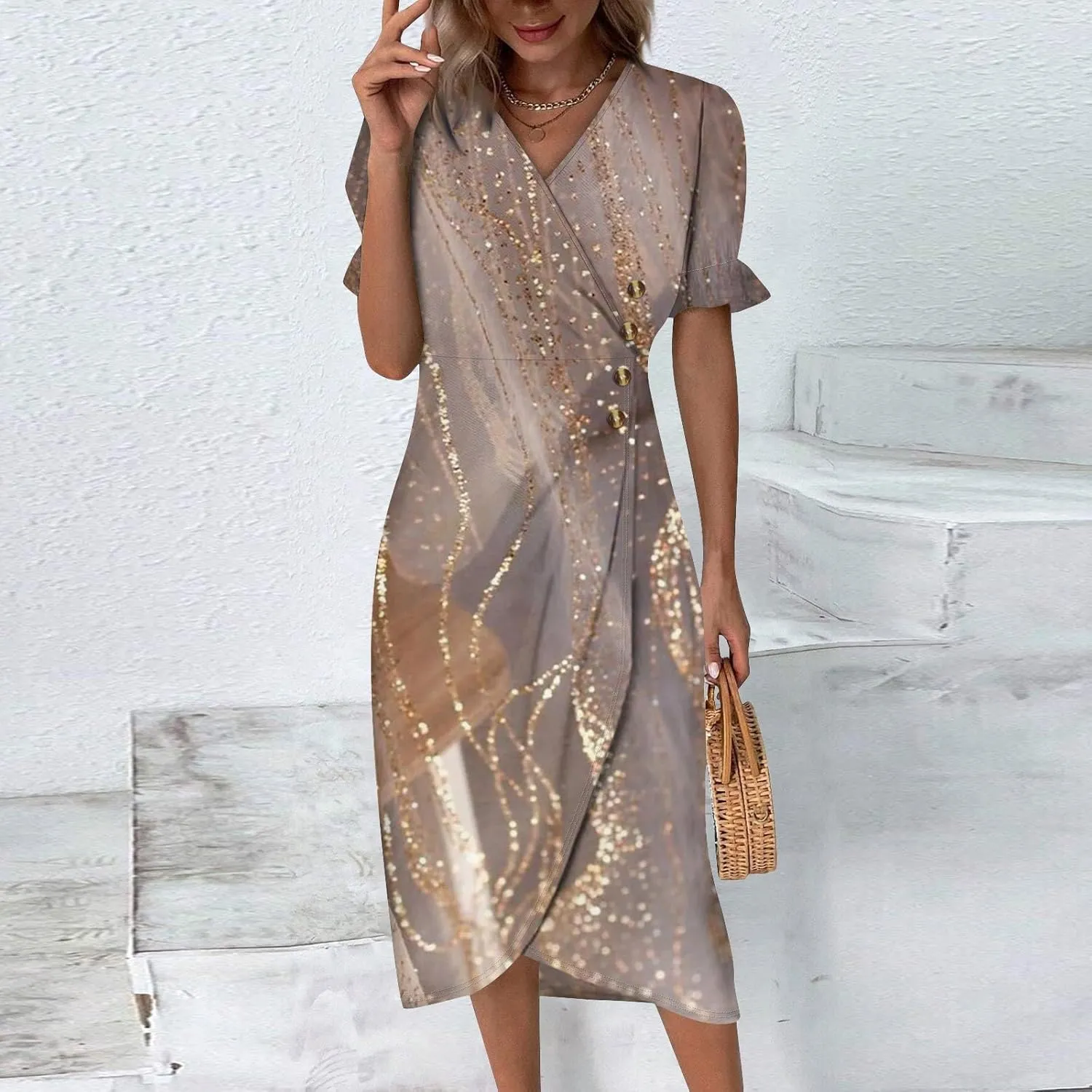 Summer Dresses for Women 2024 V Neck Puff Sleeves Elegant Wrap Midi Dress Boho Flowy Ruched Irregular Hem Beach Dress