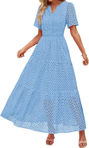Summer Midi Dresses for Women Trendy Hollow Out V Neck Short Sleeve Dress Casual Comfortable Tunic Pleated Sundress