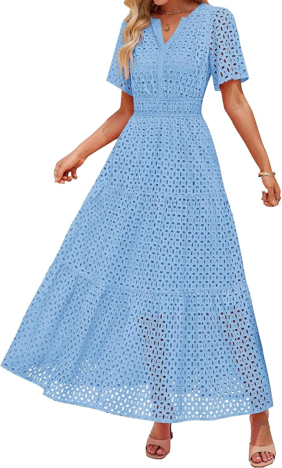 Summer Midi Dresses for Women Trendy Hollow Out V Neck Short Sleeve Dress Casual Comfortable Tunic Pleated Sundress