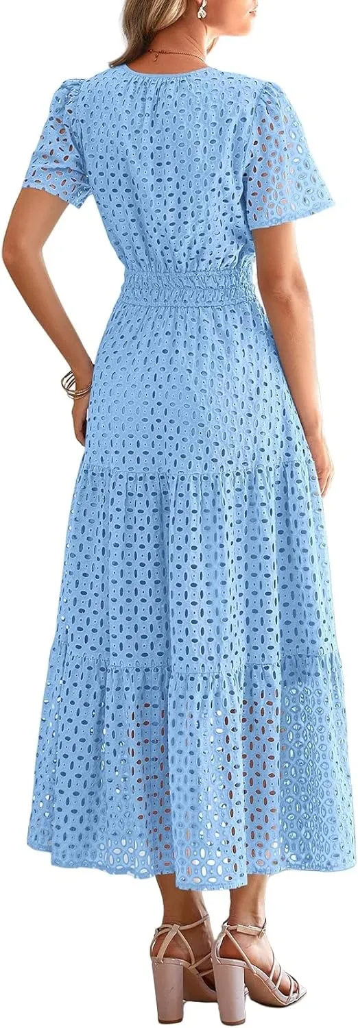 Summer Midi Dresses for Women Trendy Hollow Out V Neck Short Sleeve Dress Casual Comfortable Tunic Pleated Sundress
