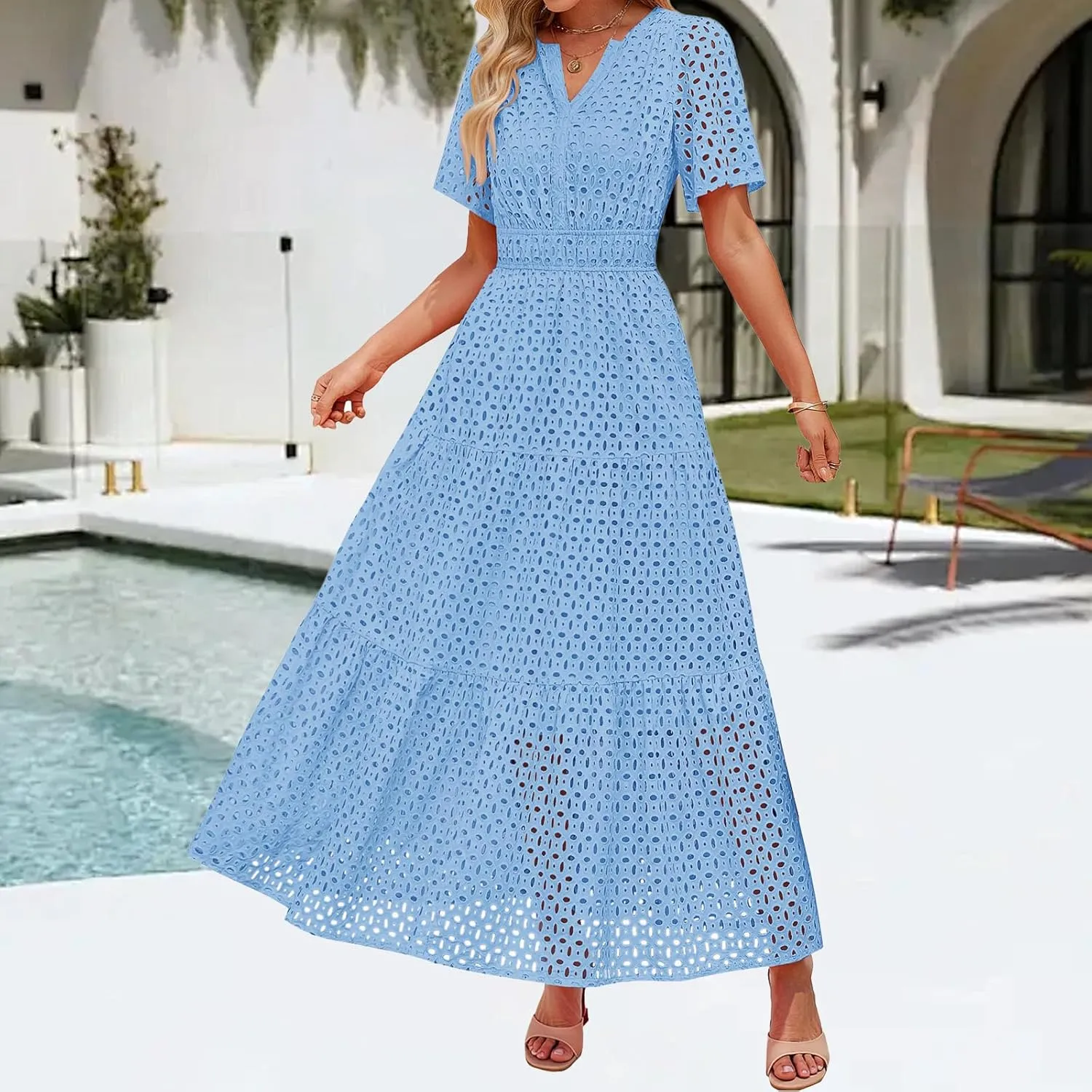 Summer Midi Dresses for Women Trendy Hollow Out V Neck Short Sleeve Dress Casual Comfortable Tunic Pleated Sundress