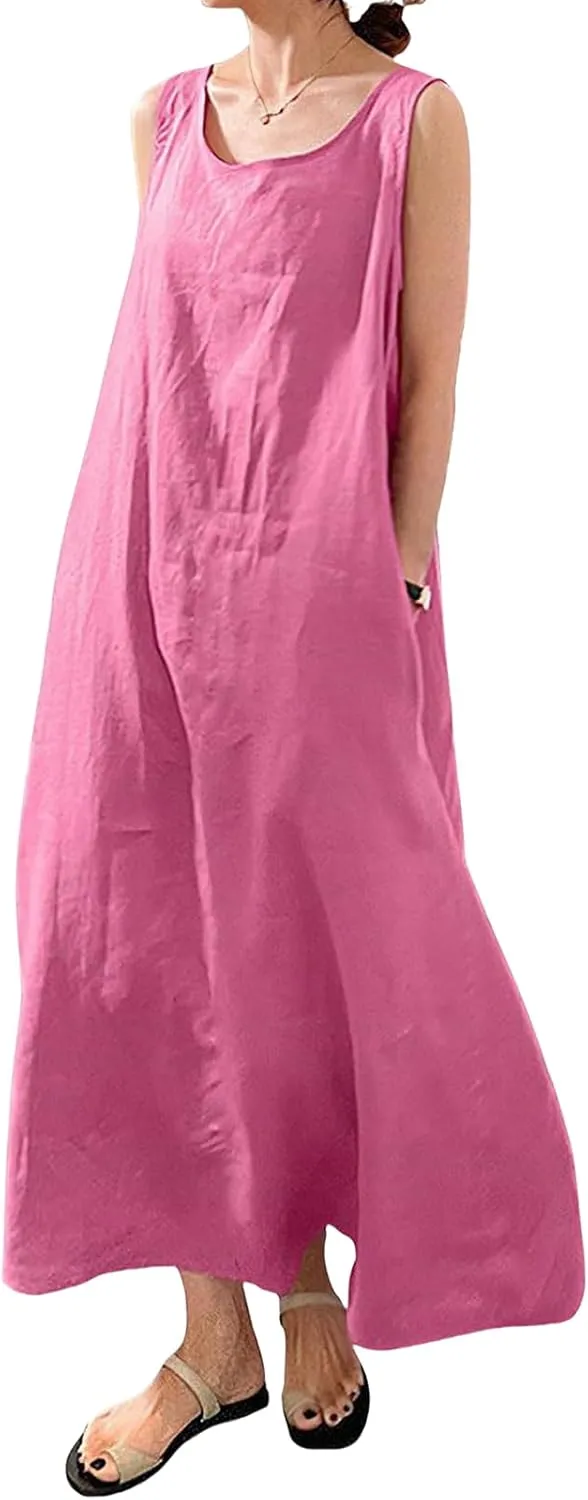 Summer Sleeveless Dress for Women Cotton Linen Beach Sundress Casual Maxi Tunic Tank Dress with Pocket