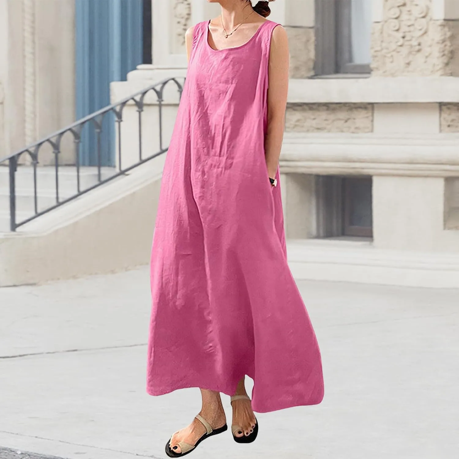 Summer Sleeveless Dress for Women Cotton Linen Beach Sundress Casual Maxi Tunic Tank Dress with Pocket