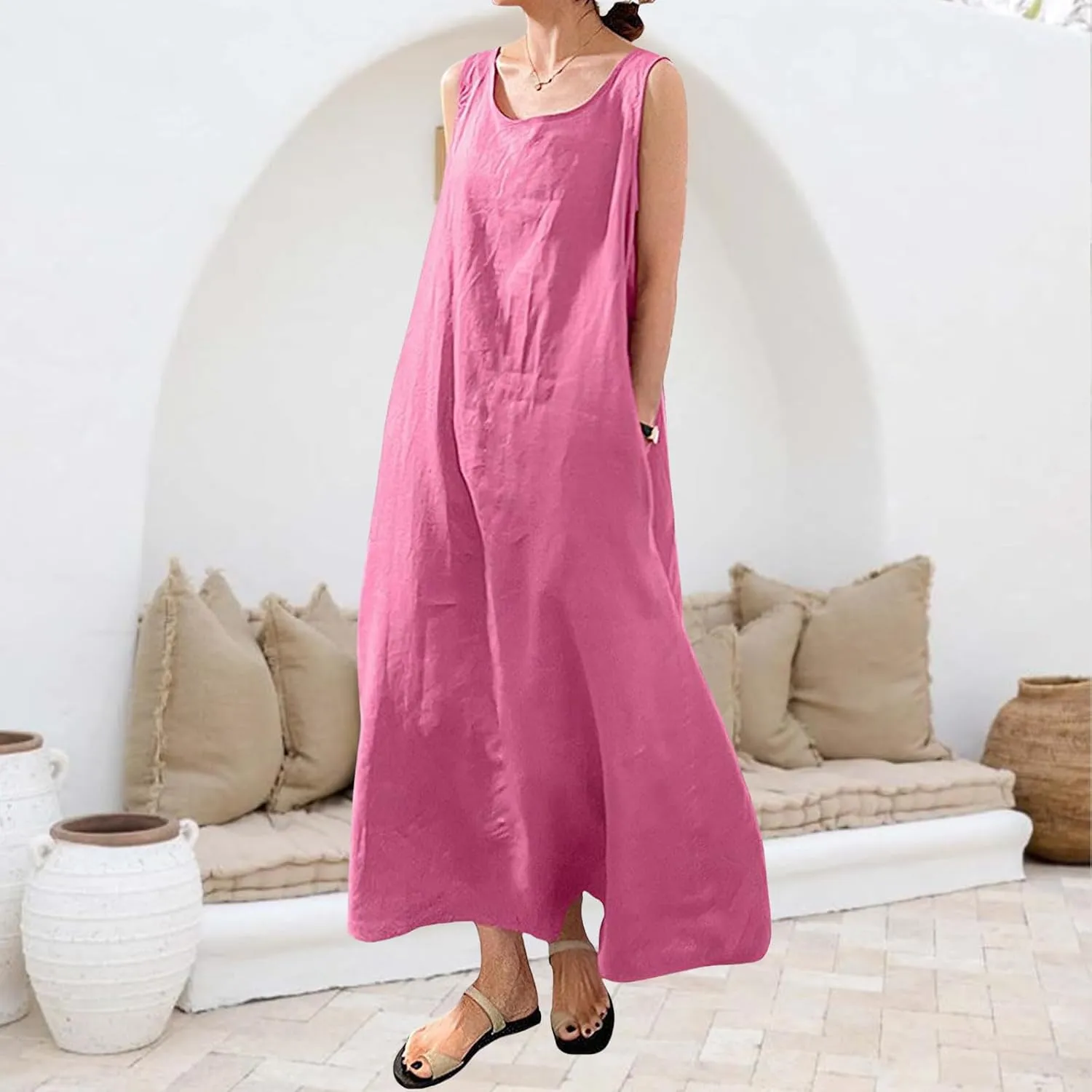 Summer Sleeveless Dress for Women Cotton Linen Beach Sundress Casual Maxi Tunic Tank Dress with Pocket