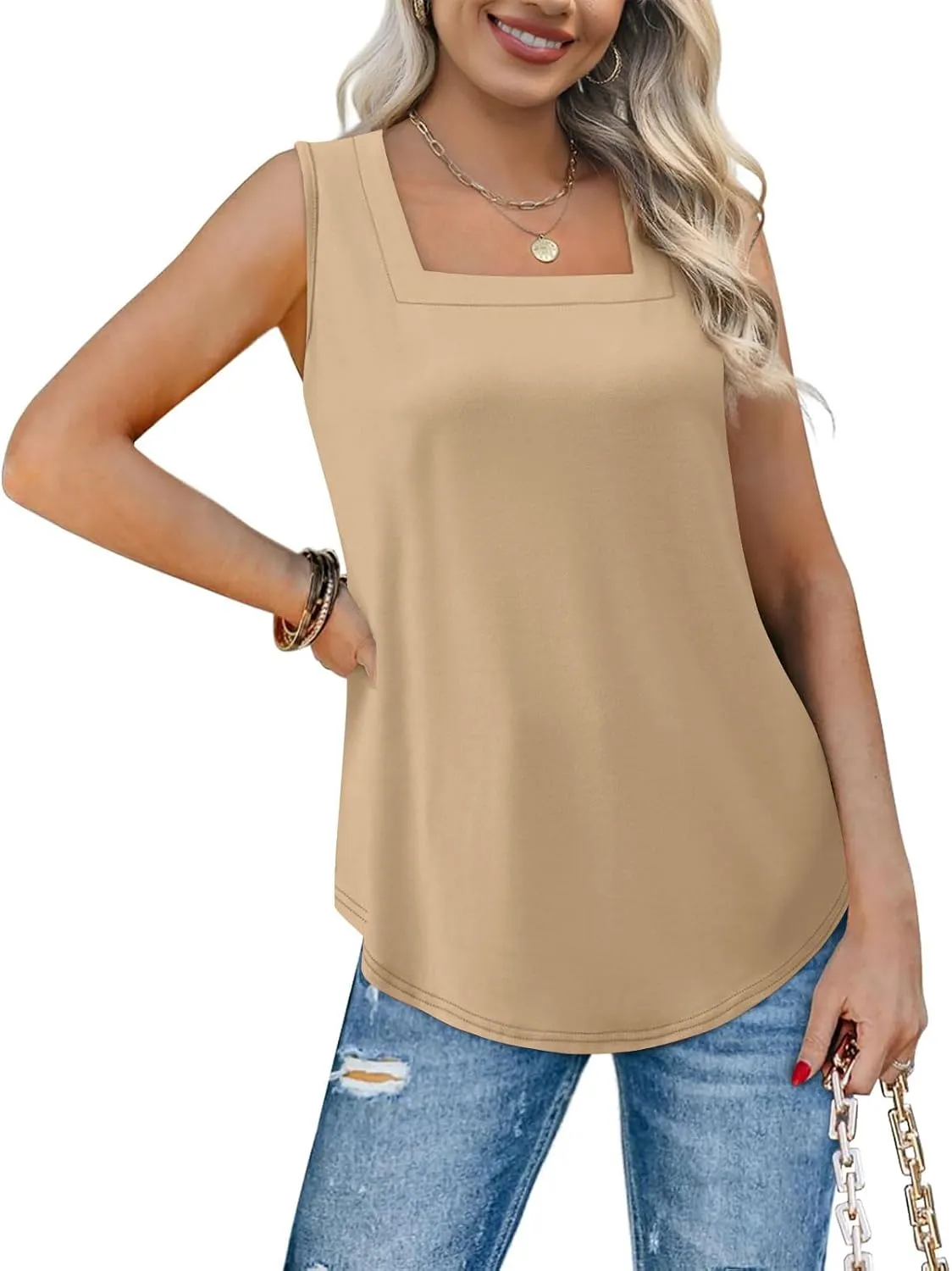 Summer Tank Tops for Women Square Neck Solid Color Sleeveless Tunics Summer Flowy Vacation Casual Shirts Top 2025