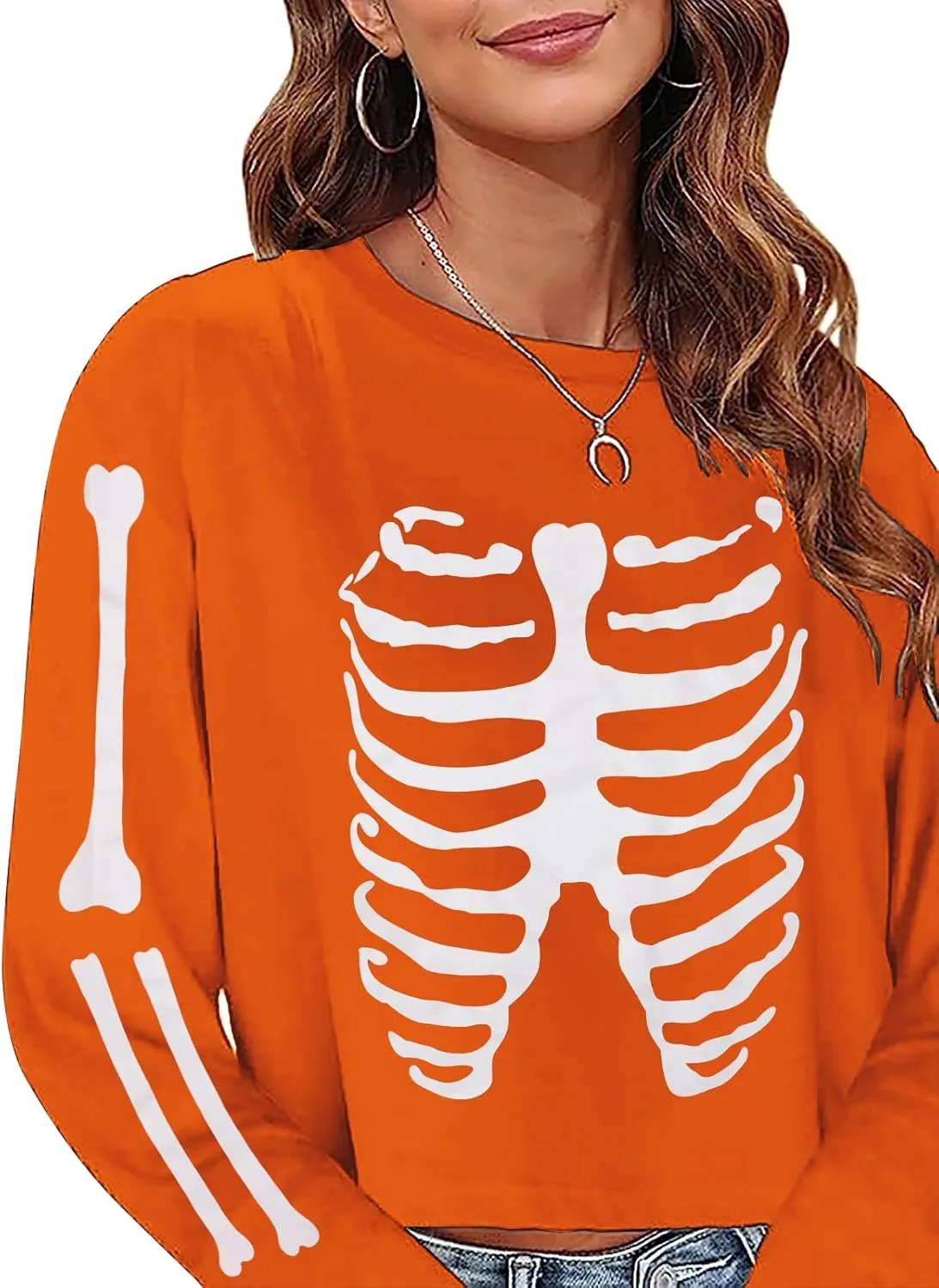 Sumtory Women Halloween Theme Skeleton Print Long Sleeve Sweatshirt Tops