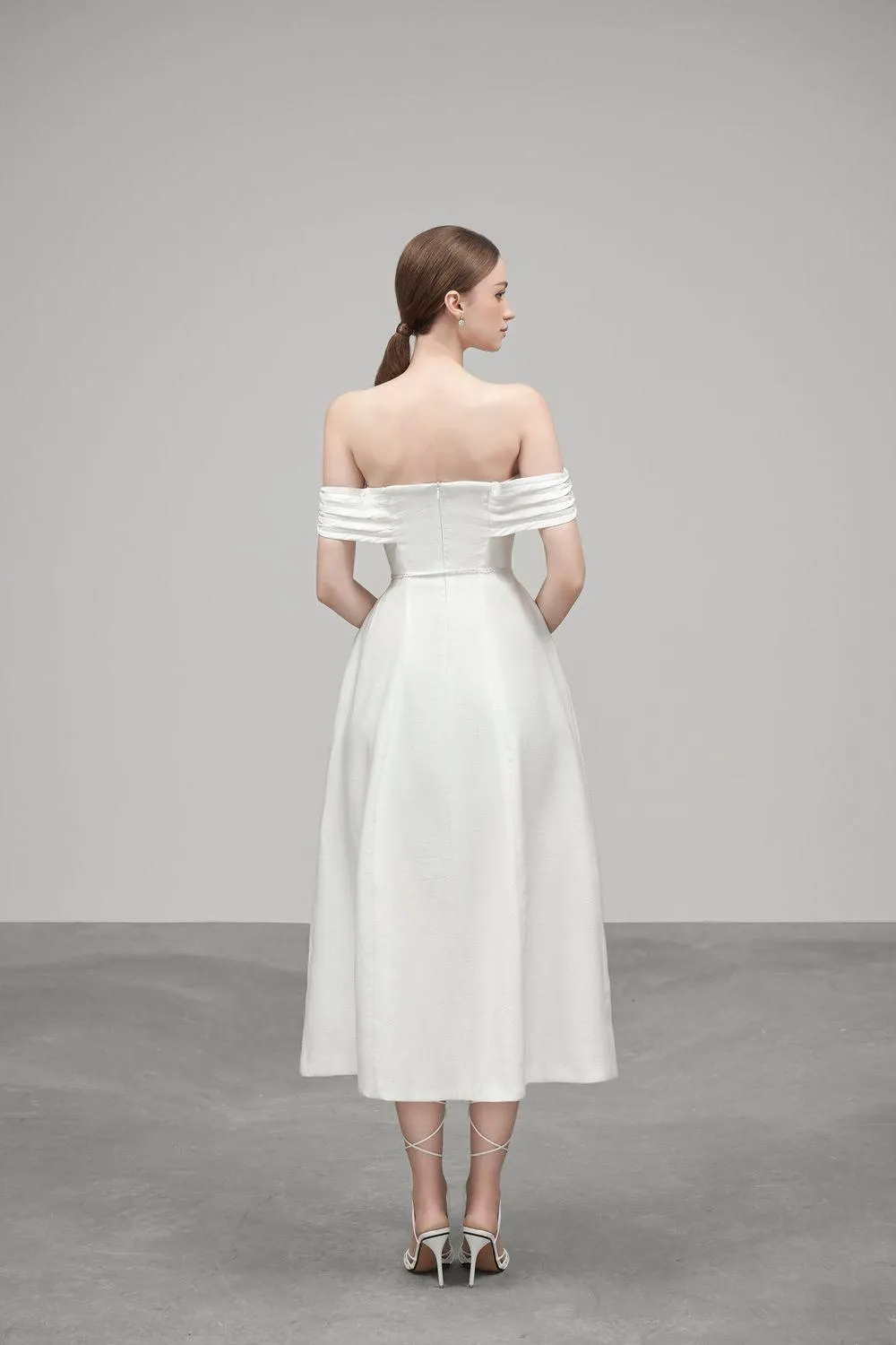 Susan A-line Off-Shoulder Satin Crepe Midi Dress