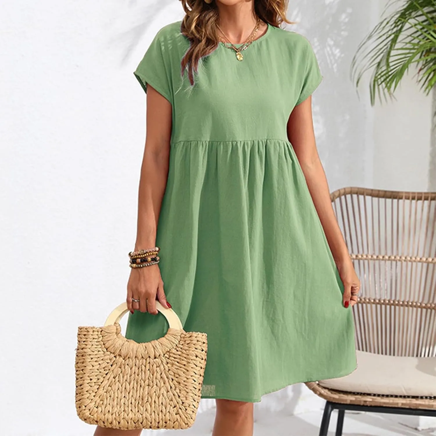 Tshirt Dress Women Casual Summer Short Dresses Cotton Linen Midi Dress Plus Size A Line Flowy Sundress Short Sleeve