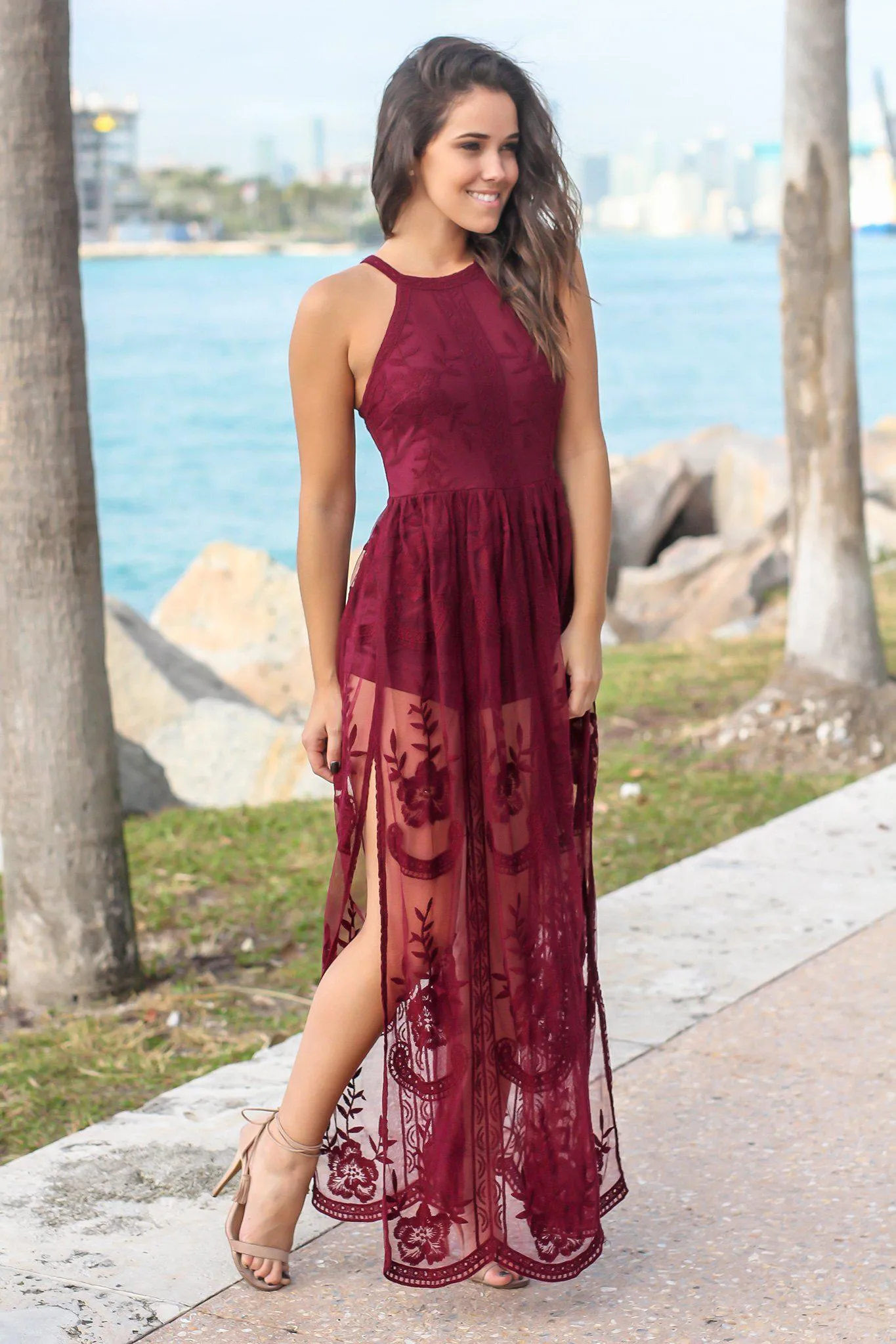 Wine Halter Neck Lace Maxi Romper